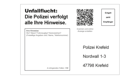 Unfallflucht: Die Polizei verfolgt alle Ihre Hinweise. Kasten zum Ausfüllen, QR-Code und Adresse der Polizei Krefeld.